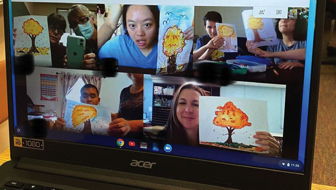 remote learning ZOOM meeting screen showing students and teacher