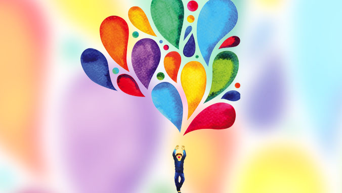 Illustration of boy holding large bunch of ballons that are lifting him up