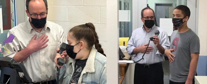 students participating in the broadcst of morning announcements at the Forum School