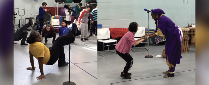Forum students participating in dance and drumming performance by the Disapora African Drum and Dance Group during Black History Month