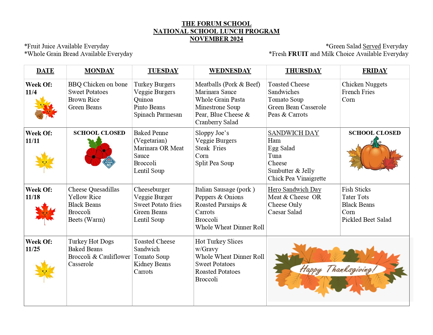 Forum School Lunch Menu