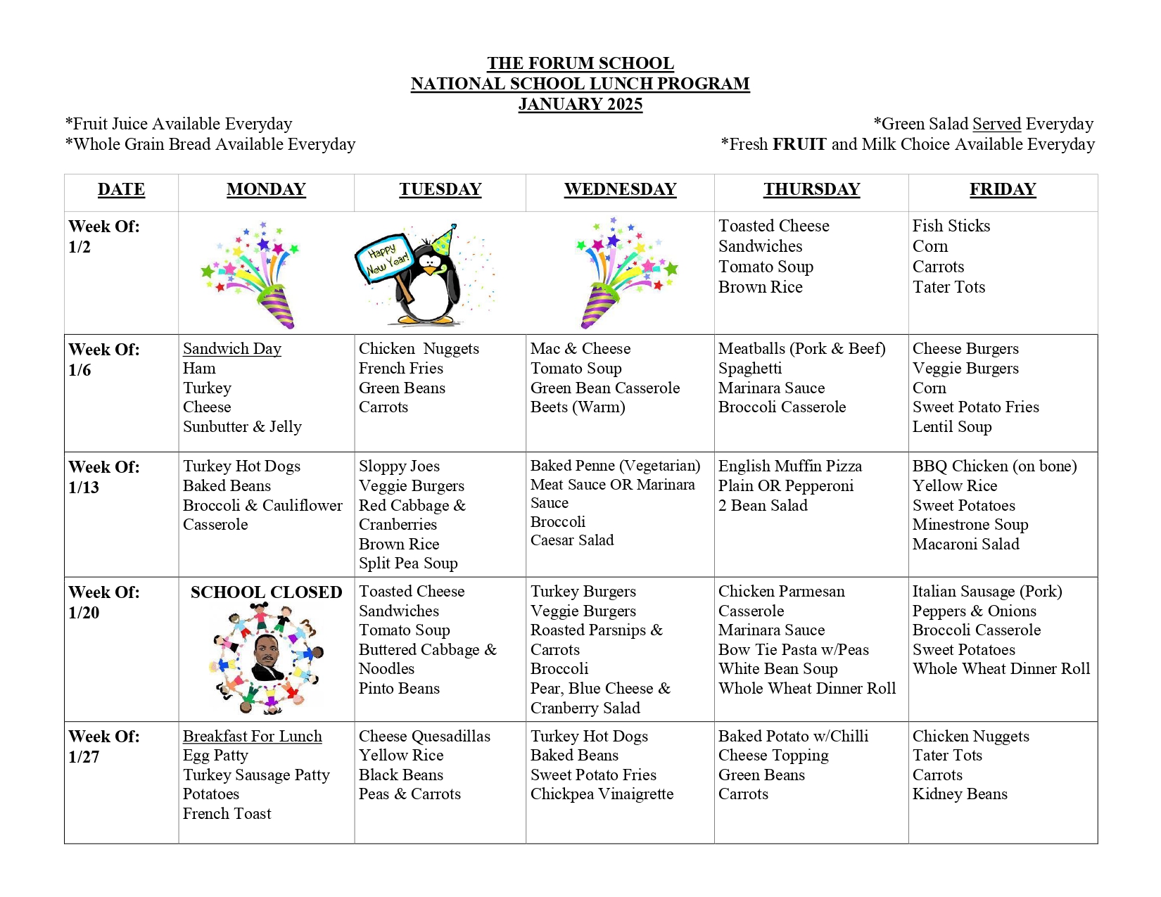 Forum School Lunch Menu