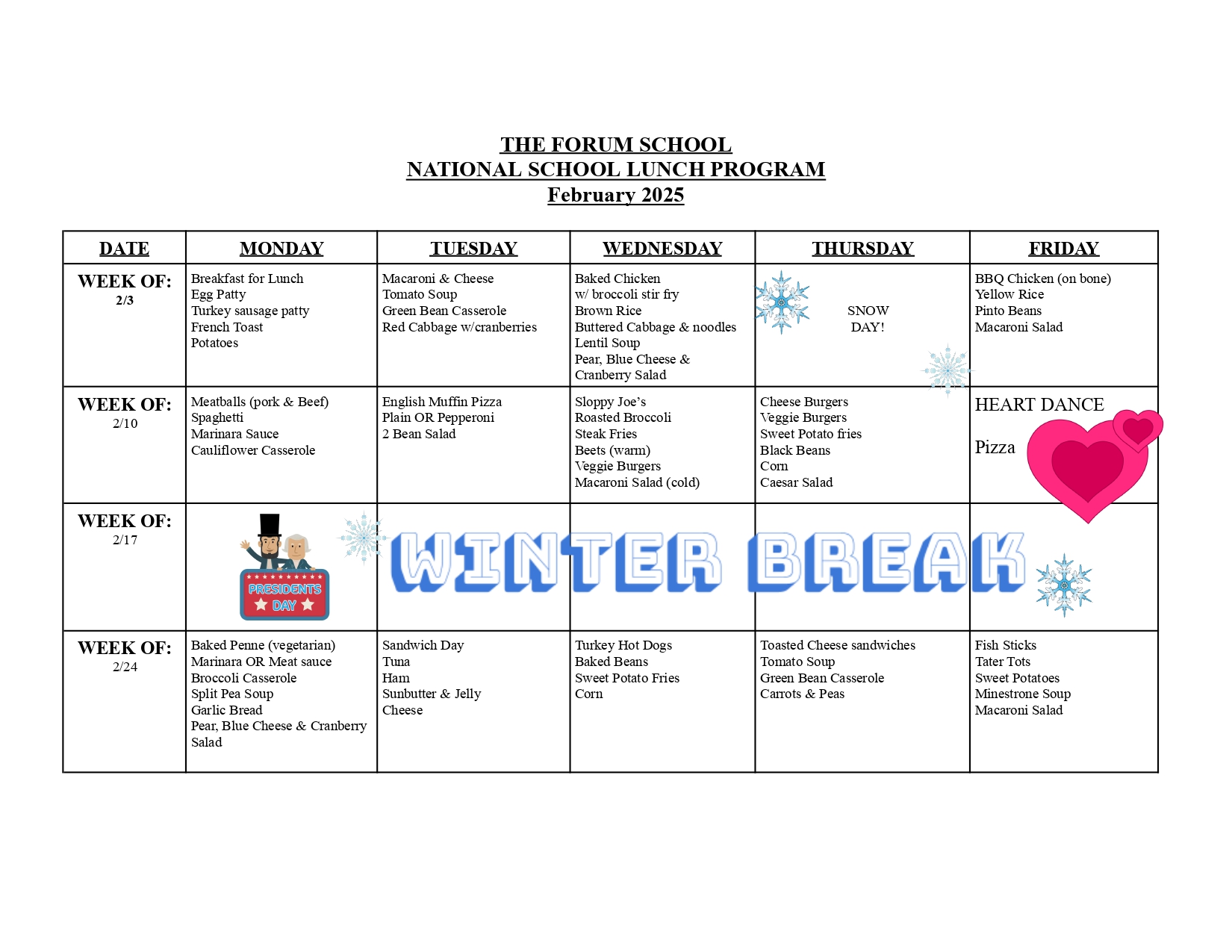 Forum School Lunch Menu