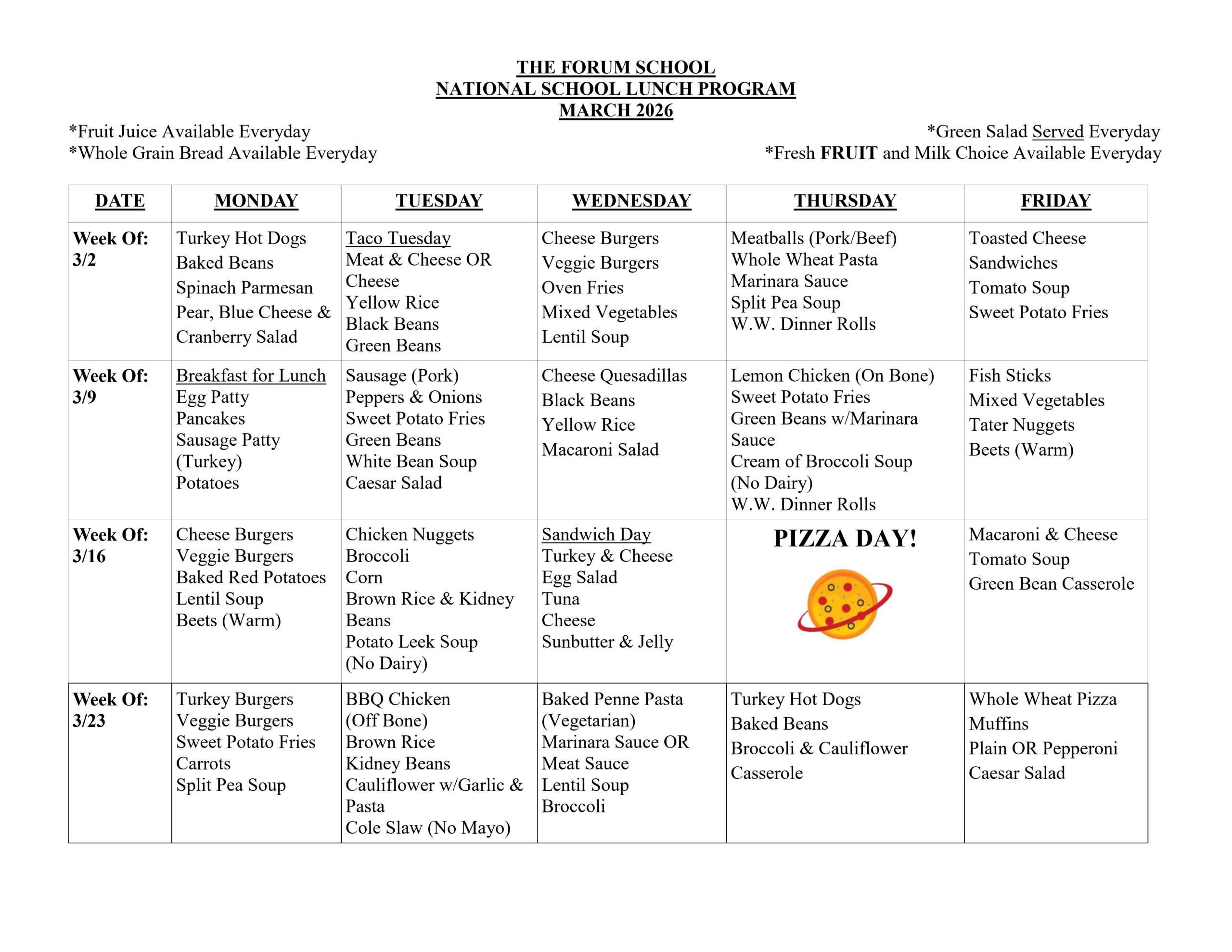 Forum School Lunch Menu