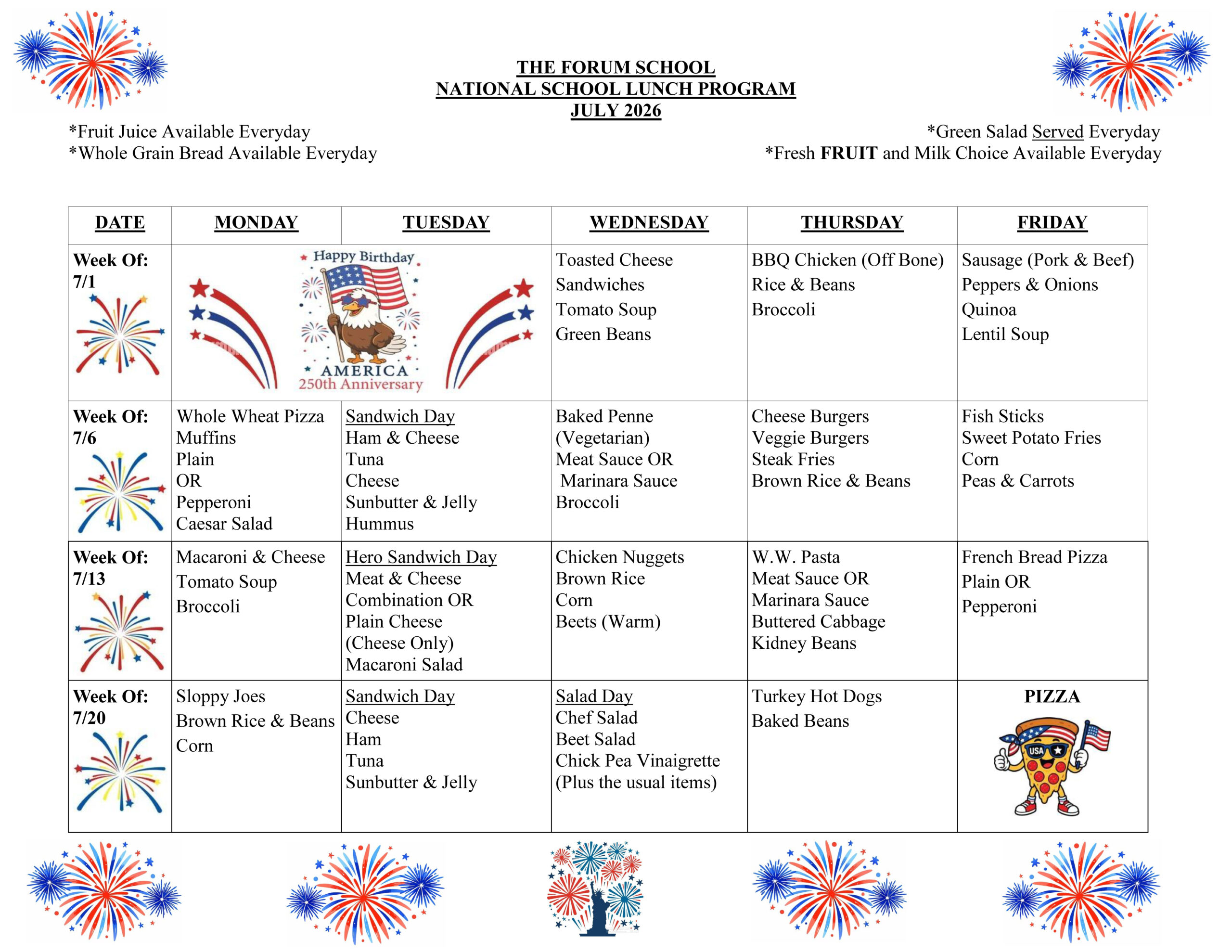Forum School Lunch Menu