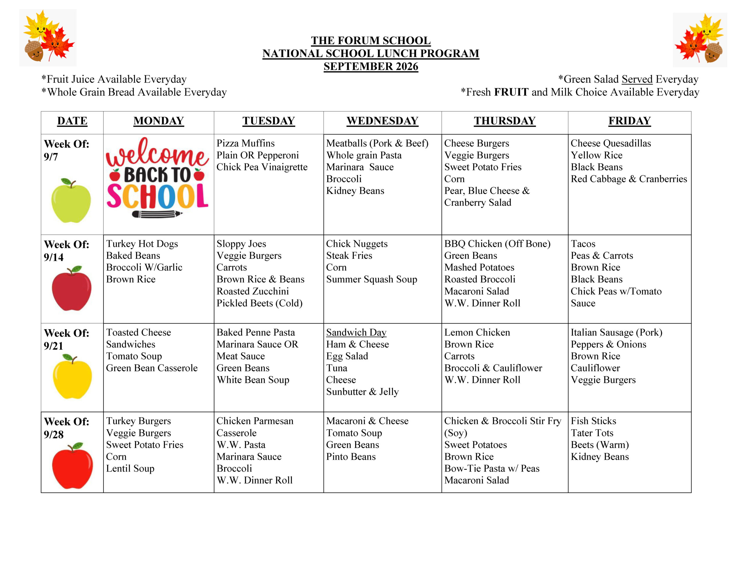 Forum School Lunch Menu