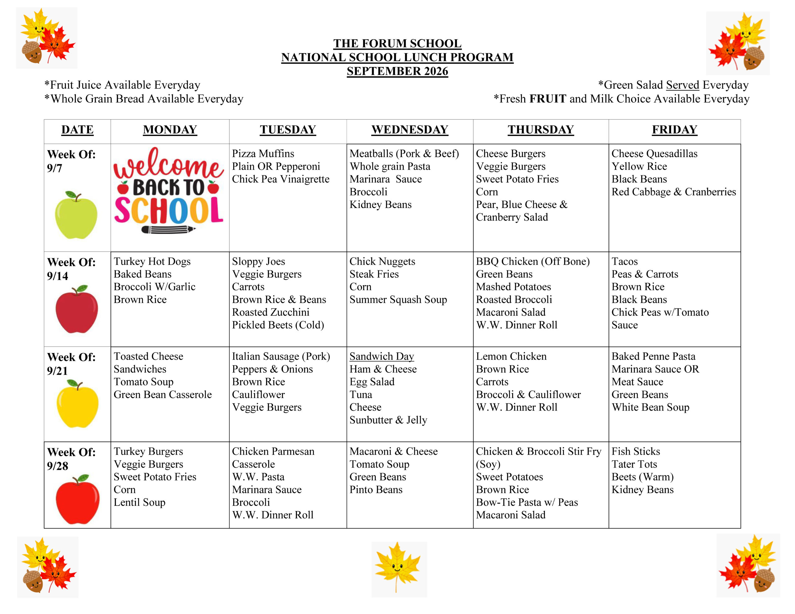 Forum School Lunch Menu