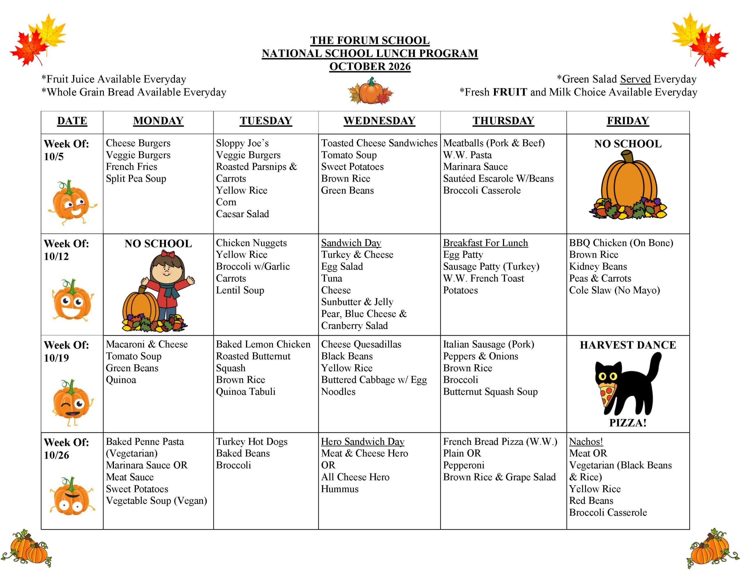 Forum School Lunch Menu